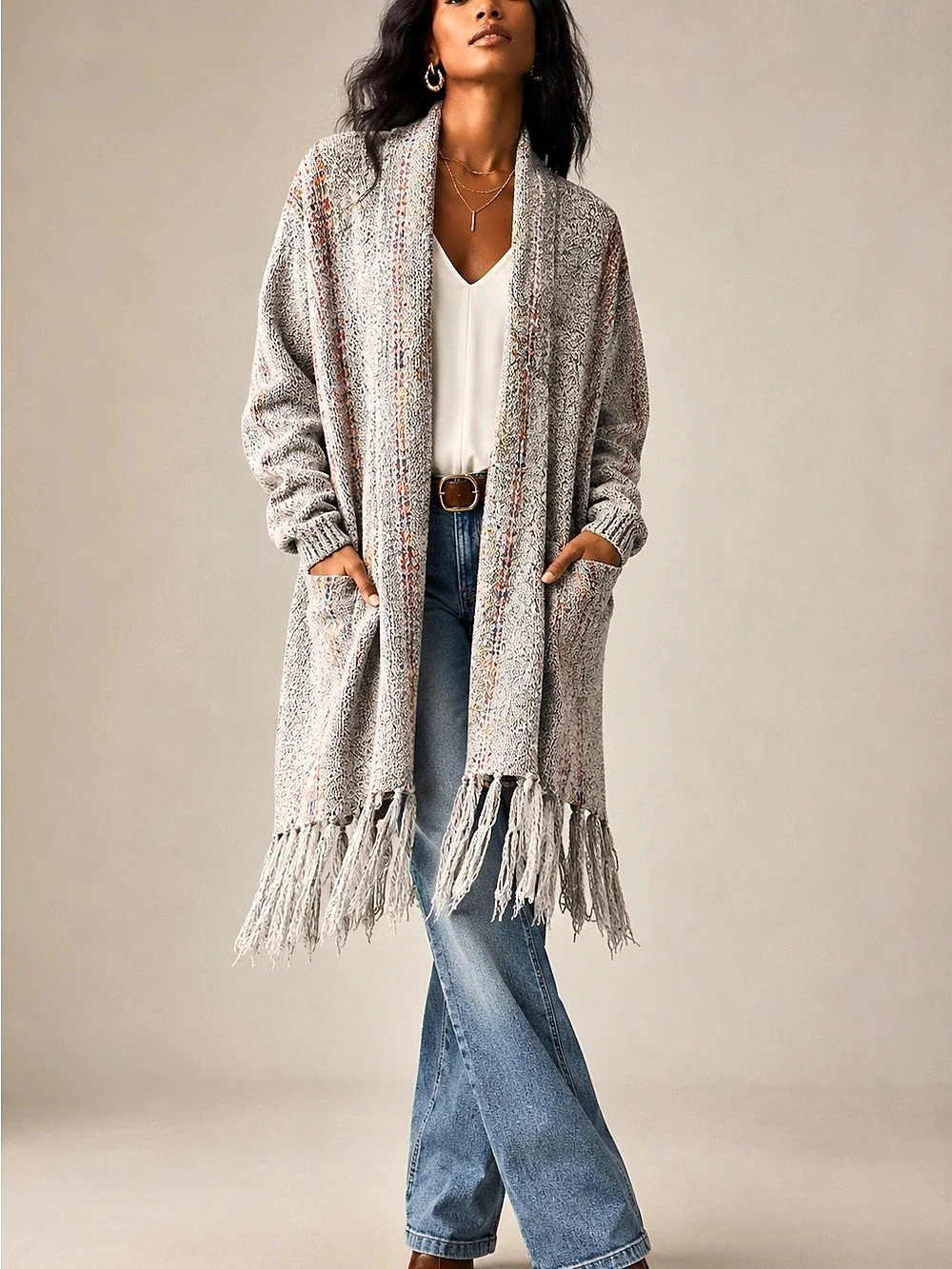 Creation Multicolor Fringe Cardigan in Gray Like New Boho Artisan Open Front 1XL